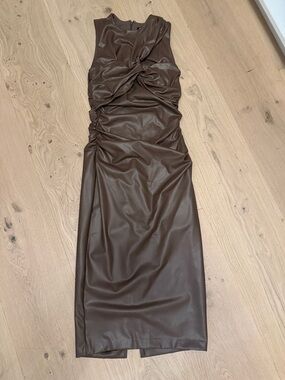 Express Brown Faux Leather Ruched Twist Midi Dress